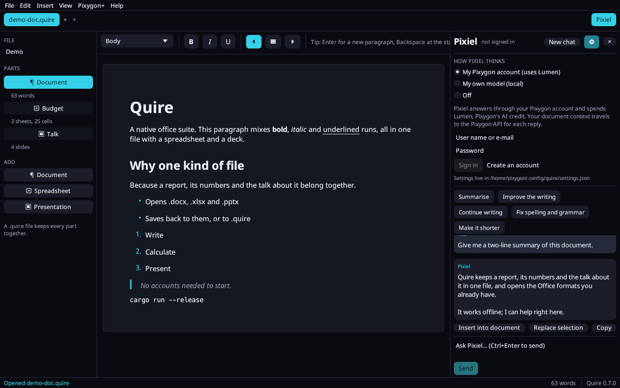 Quire editing a document, with the Budget spreadsheet and Talk slides as parts of the same file and Pixiel answering in a side panel